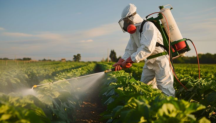 person in protective gear spraying pesticides in a crop field, h